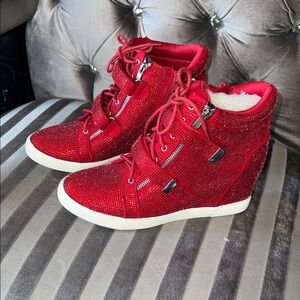 Crimson Sparkle Rhinestone Wedge Sneakers ♥️💋